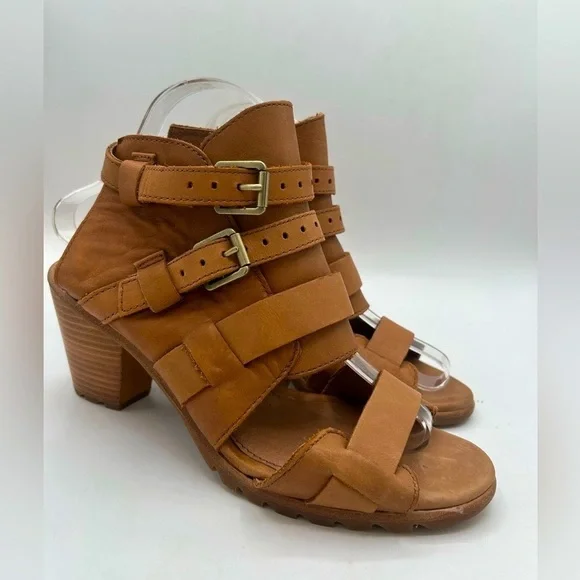 NEW Sorel Nadia Buckle Heel Sandal Camel Brown Leather Boho Chunky Size 8.5 - Picture 5 of 13